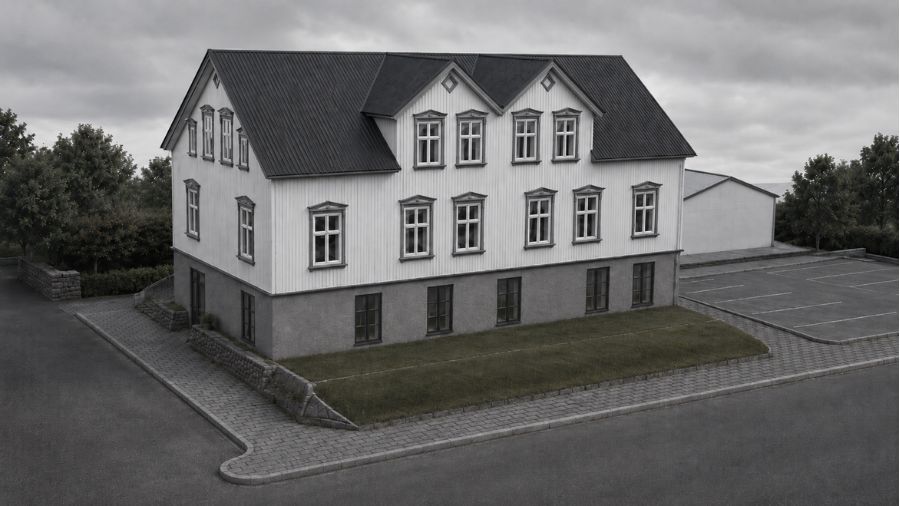 Tölvugerð mynd af húsinu á nýjum stað.