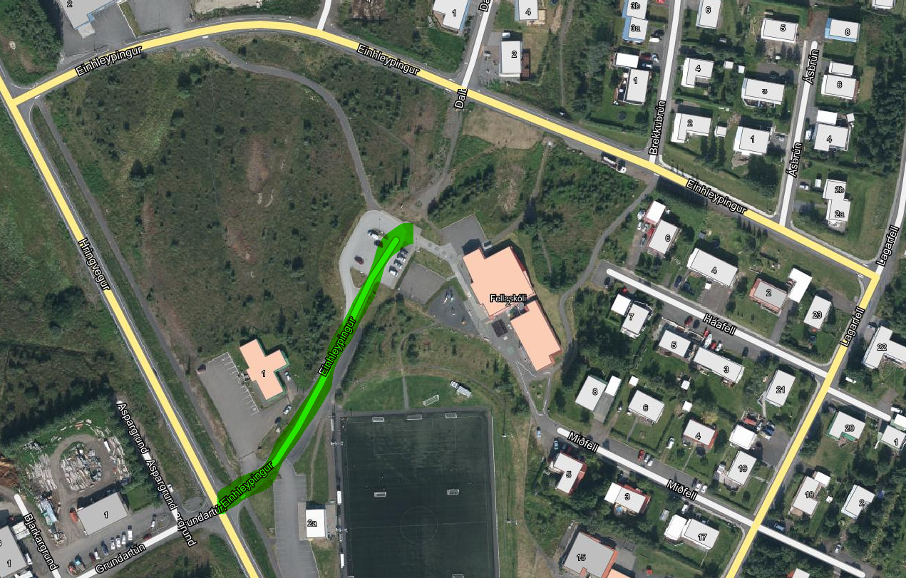 Óskað er eftir tillögum að nýju götunafni sem merkt er með grænu.