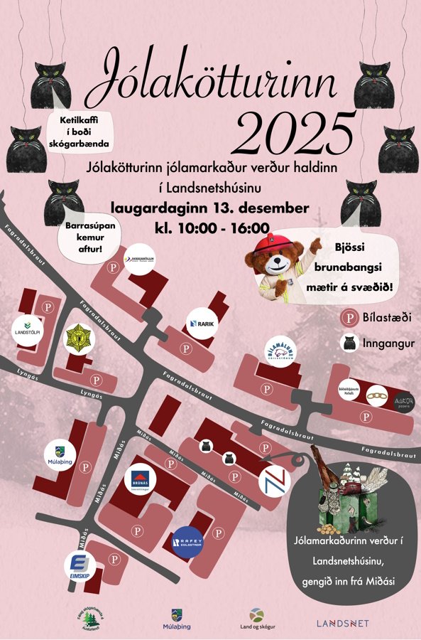 Kort sem sýnir bílastæði og inngang jólamarkaðarins