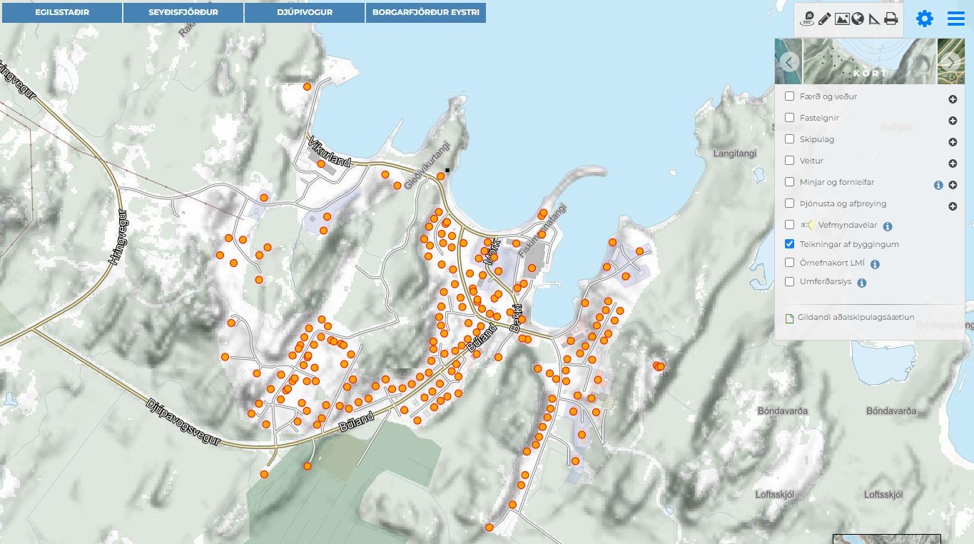 Til að nálgast teikningar er smellt á rauðan hring yfir viðkomandi byggingu