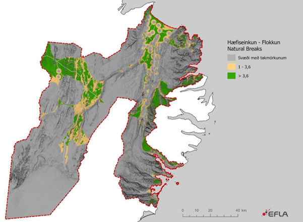 Svæði sem þarf að skoða betur ef til vindorkunýtingar á að koma sýnd með gulu og svæði sem henta vel…